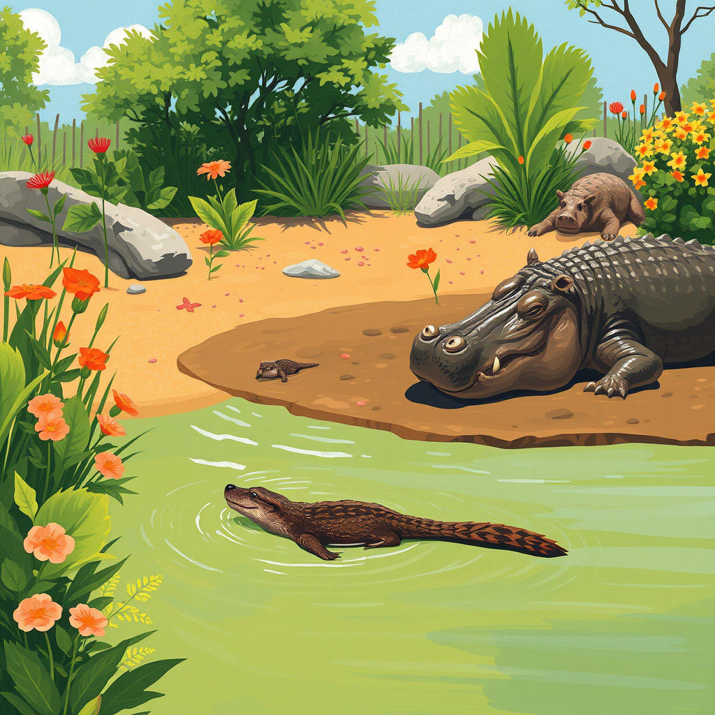 Zoo Scene with Otter in Naive Art Style