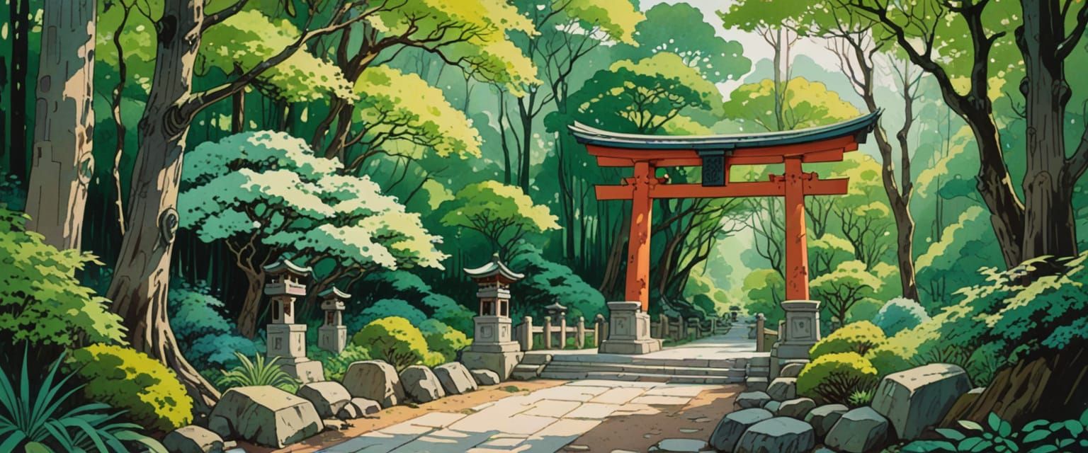 shinto shrine, white torii, ghibli, bamboo, forest, light, bright huge sky, wide open spaces, stone lantern, stone kami statues, vines, tree...