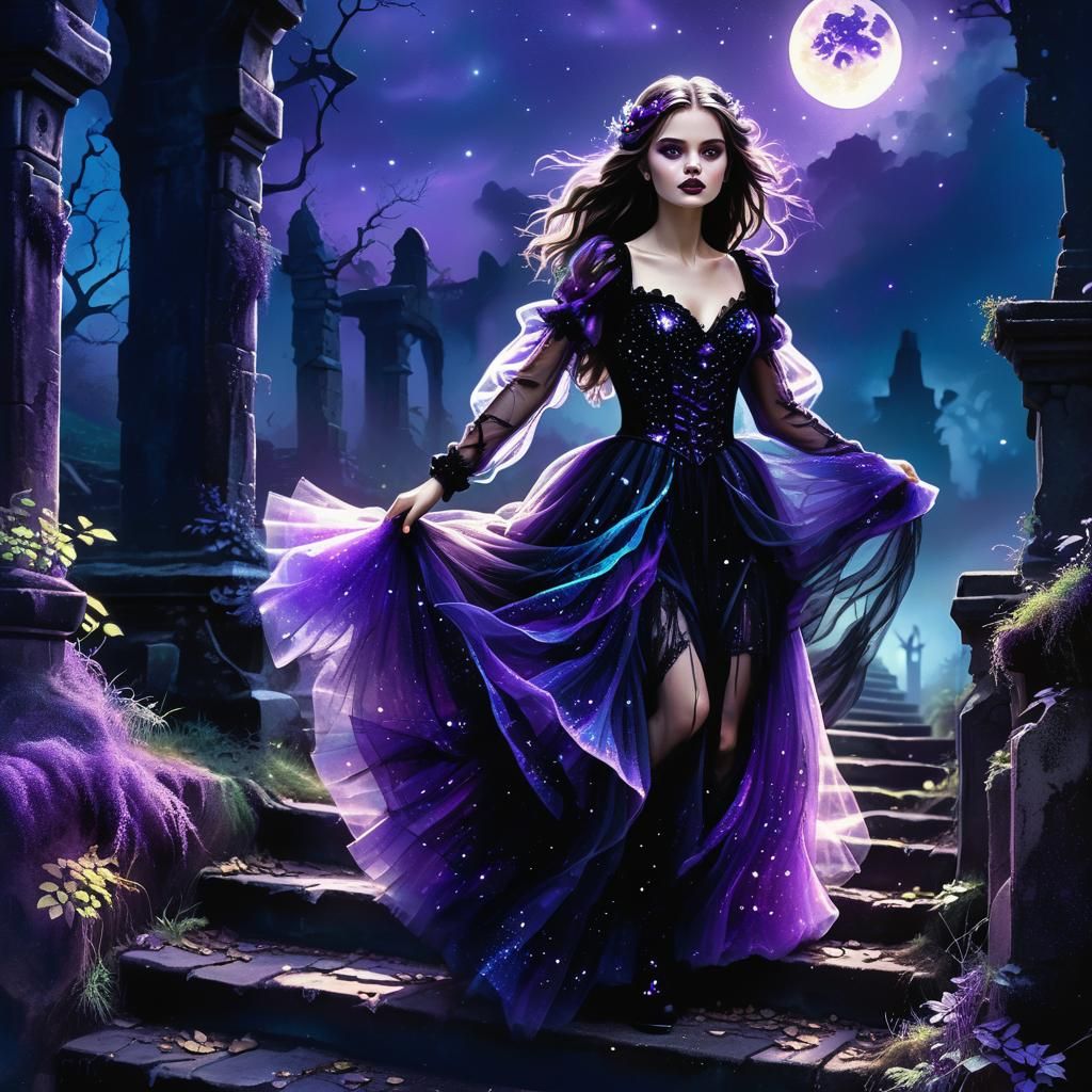 Gothic Maiden in Neon Dress at Forest Ruin
