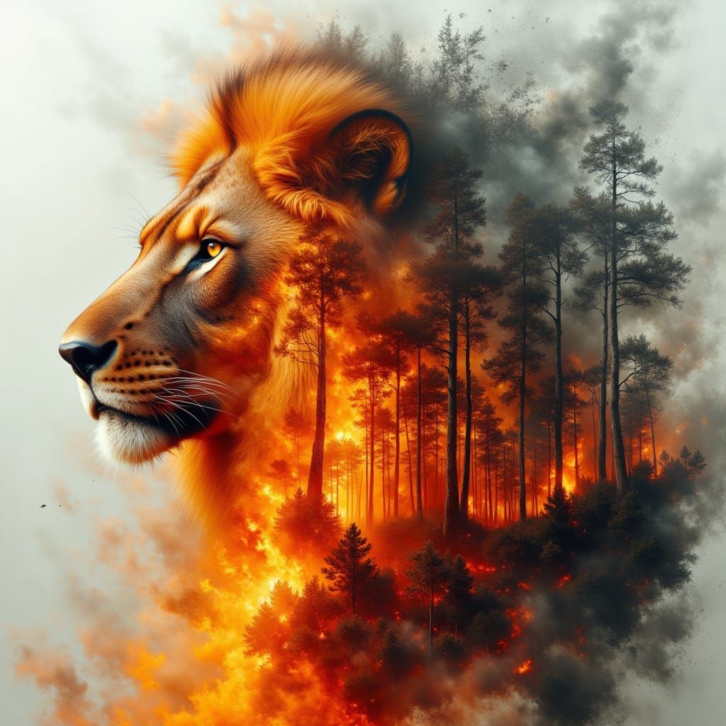 surrealist An image in the style of a captivating double exposure., a portrait of a fiery lion  over ...  by @Scarlett Revenge