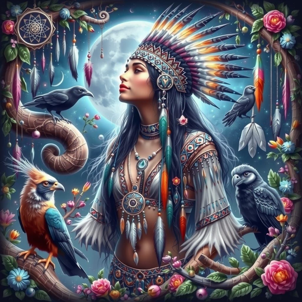 A young woman, likely in her late teens or early twenties, with a Native American aesthetic.  She wears ...  by @Bella Dog