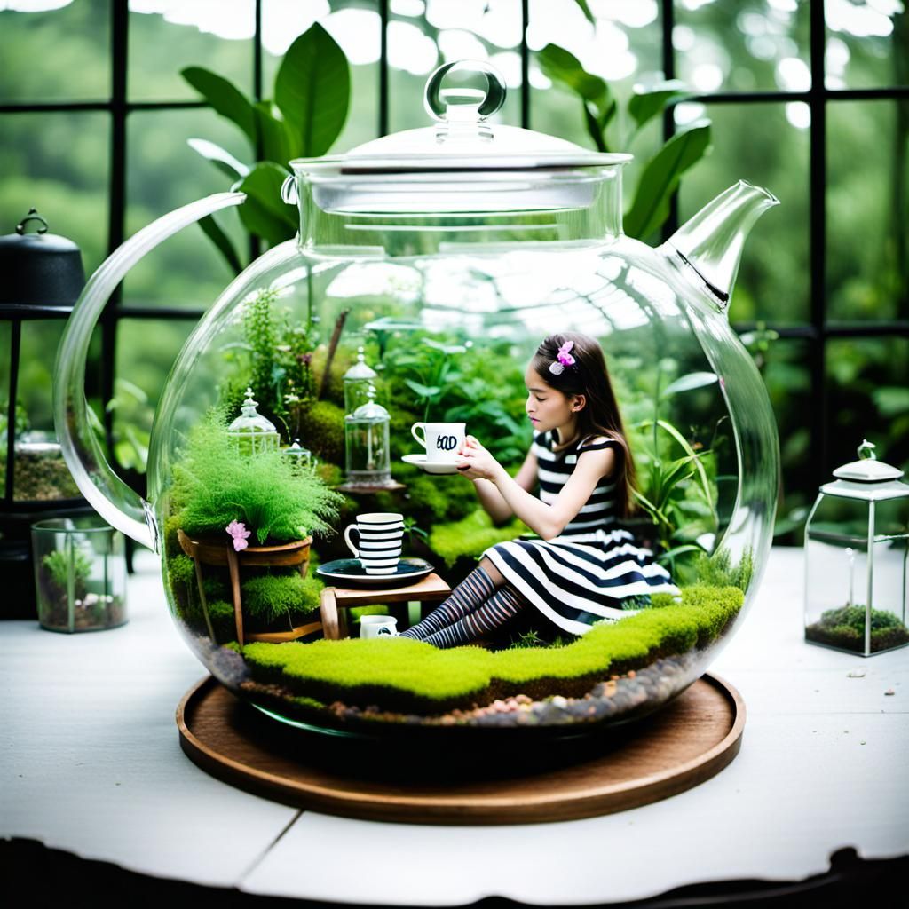 10 year old girl drinking tea locked inside a glass teapot t...