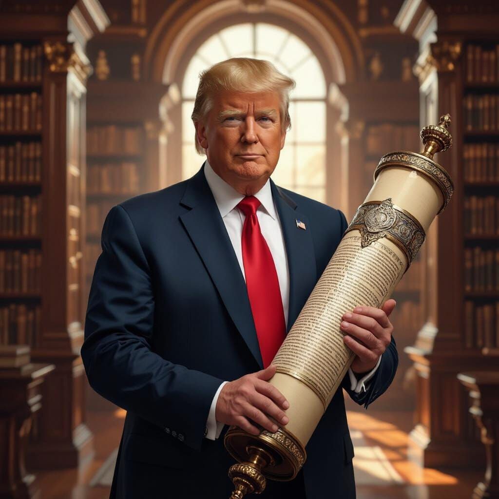 Donald Trump Holds Torah in Grand Library Painting