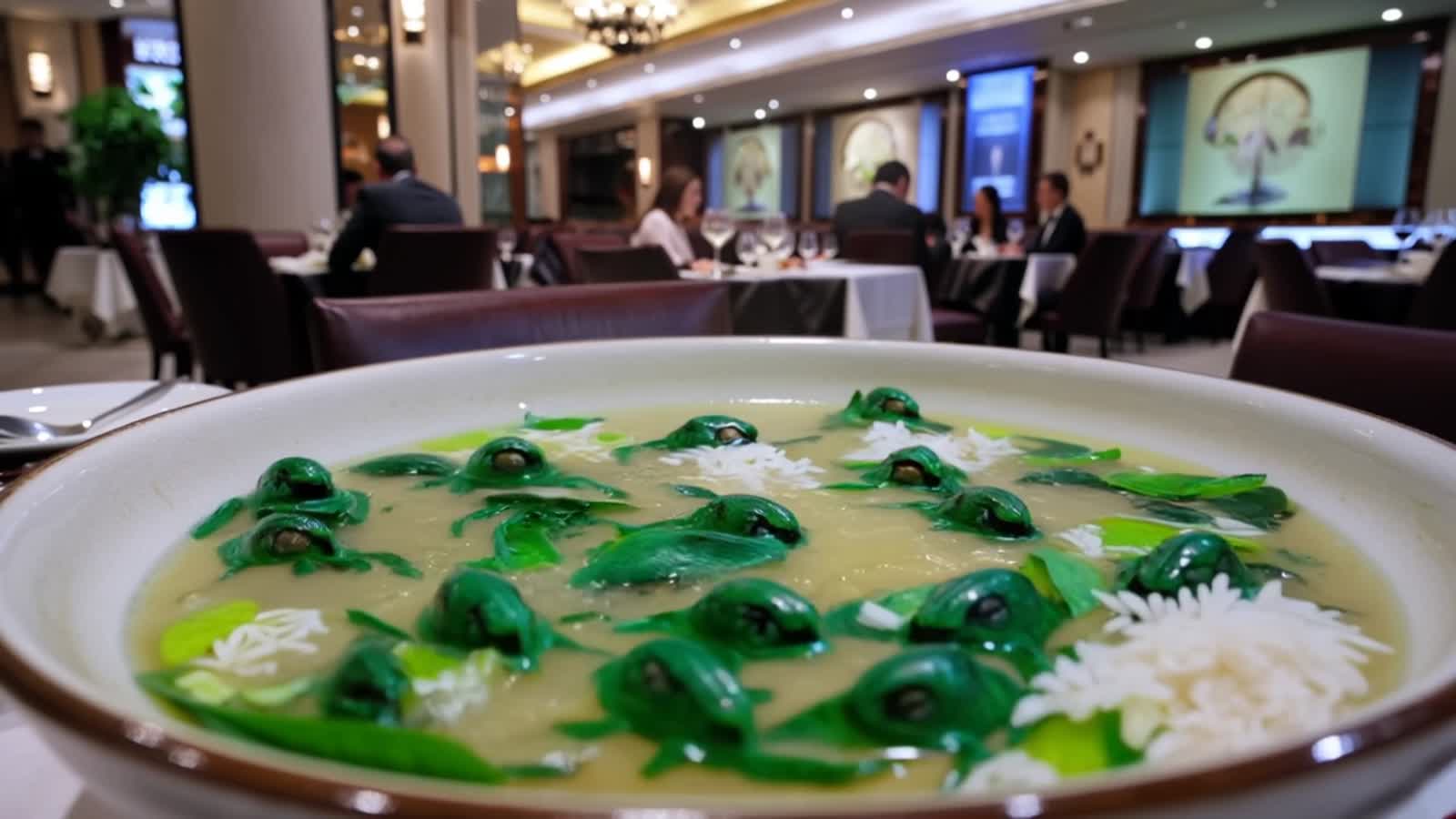 Tiny green space aliens swimming in a big bowl of soup...greens, rice, floating in the soup..in a 4 star New York restau...