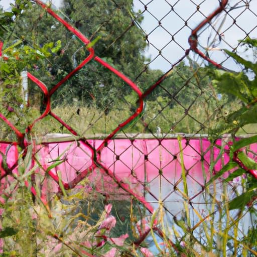 overgrown pink publicpool behind wiredfence