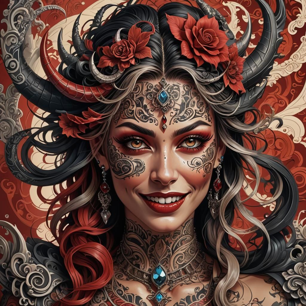 1980s Tattooed Demoness Portrait in Hyperrealistic Style