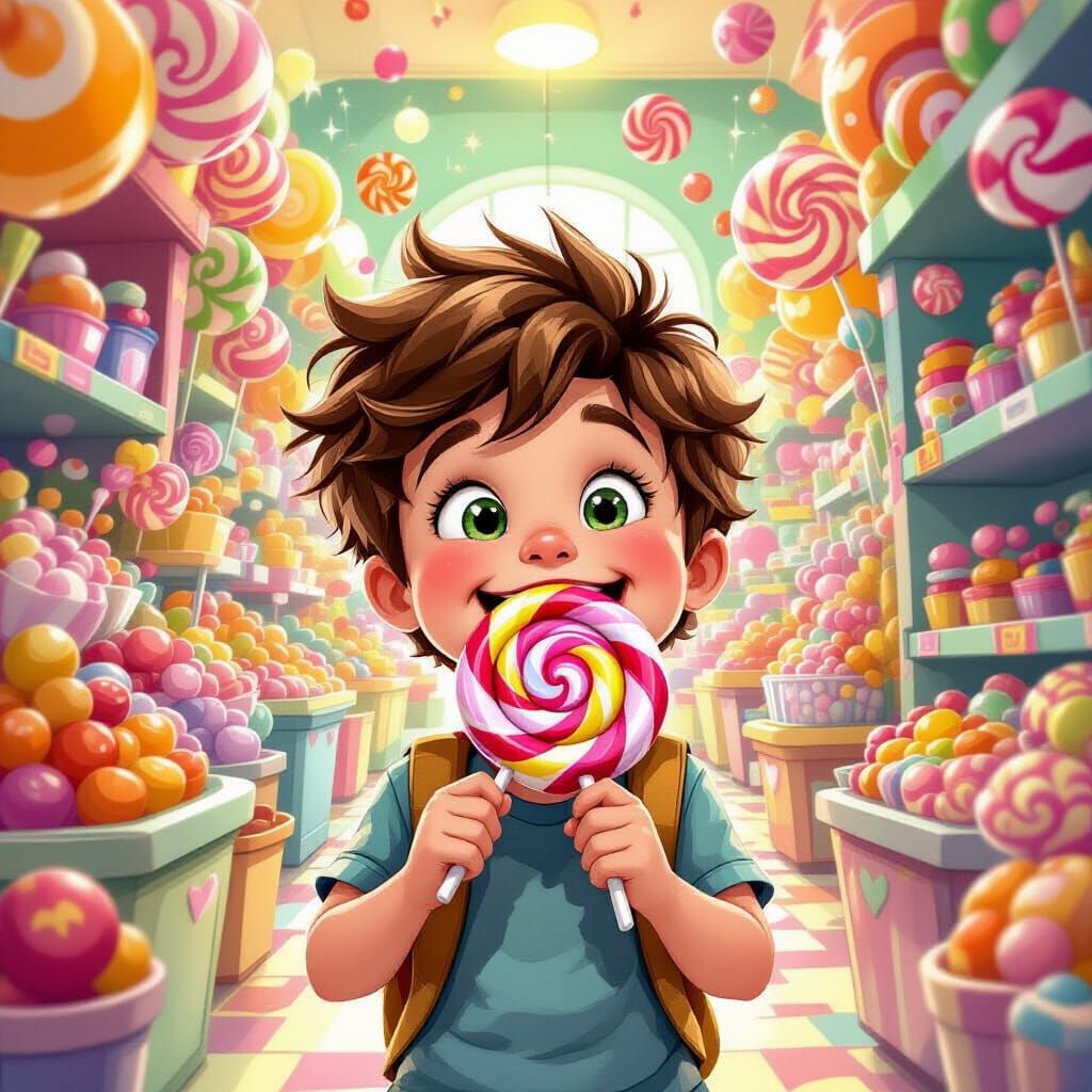 Joyful Boy Eats Giant Lollipop in Candy Store