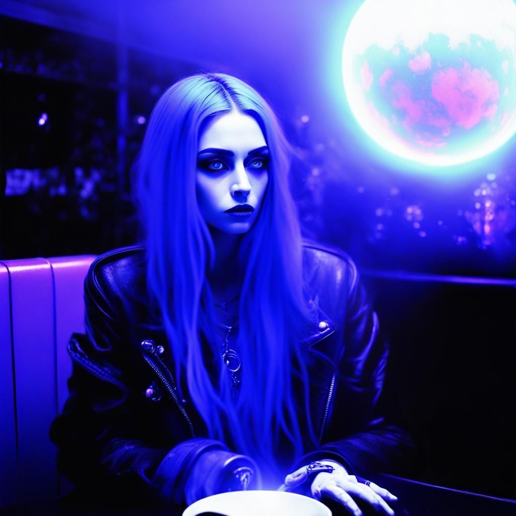 intense pink neon light. intense blue neon light. female got...