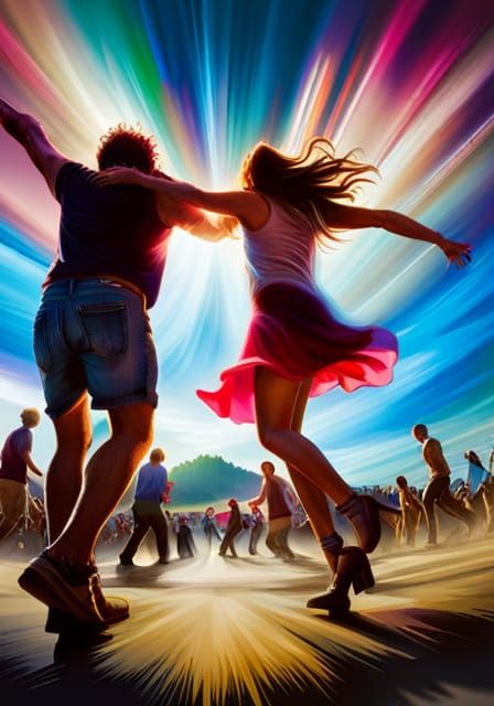 People dancing at a festival like Woodstock or Glastonbury K...