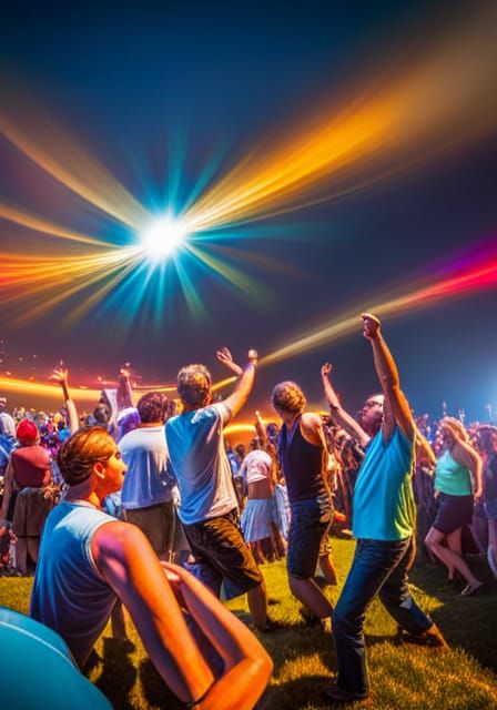 People dancing at a festival like Woodstock or Glastonbury K...