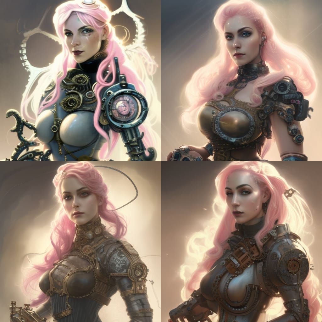portrait of a middle-eastern steampunk woman, pale-pink hair...