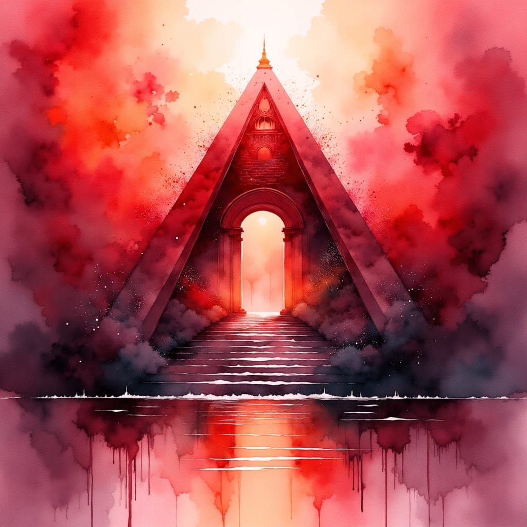 Pyramid Portal - Ethereal Red Pyramid in Wet Watercolor Styl...