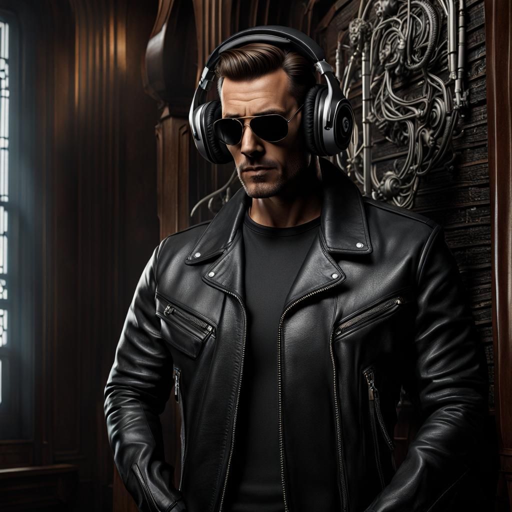 standing. jeans, leather jacket. hands in pockets. skull hea...