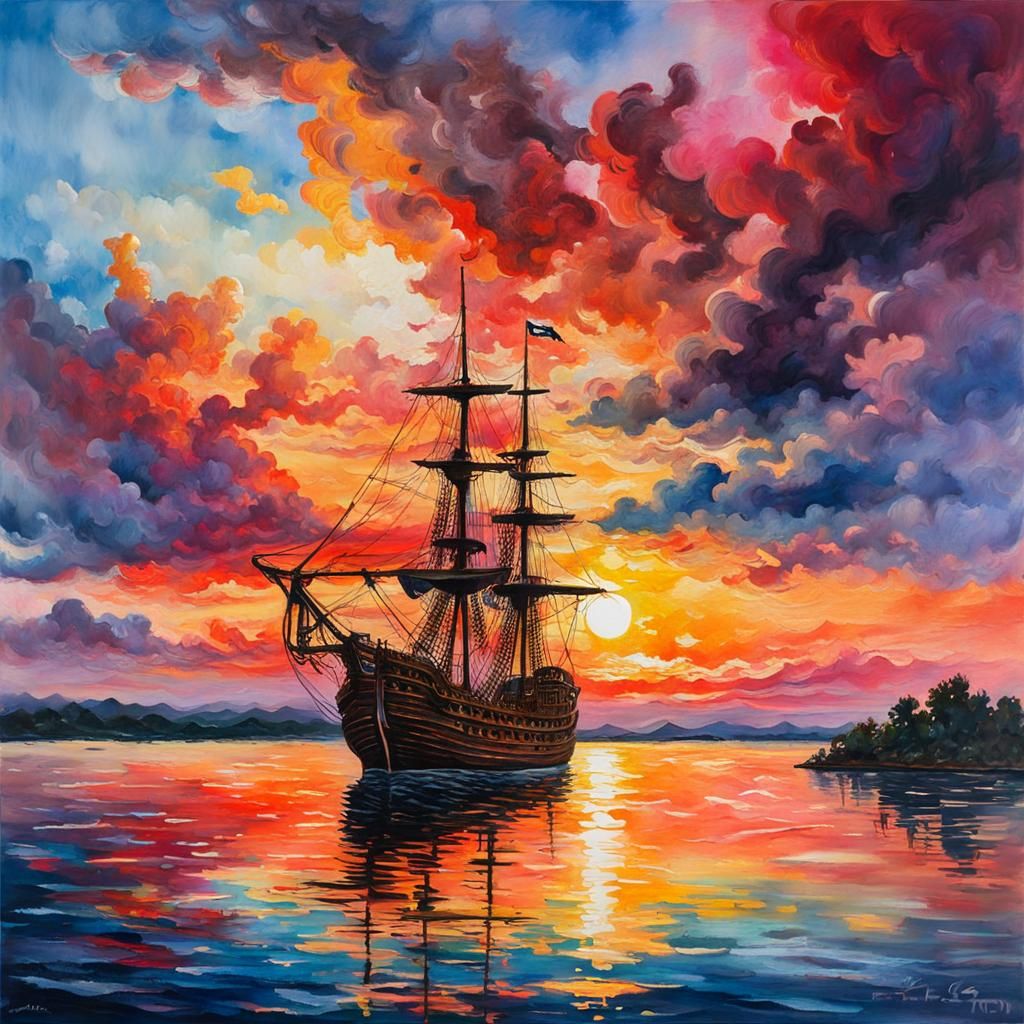 Multi color Sunset, reflection of pirate ship and sky on the...