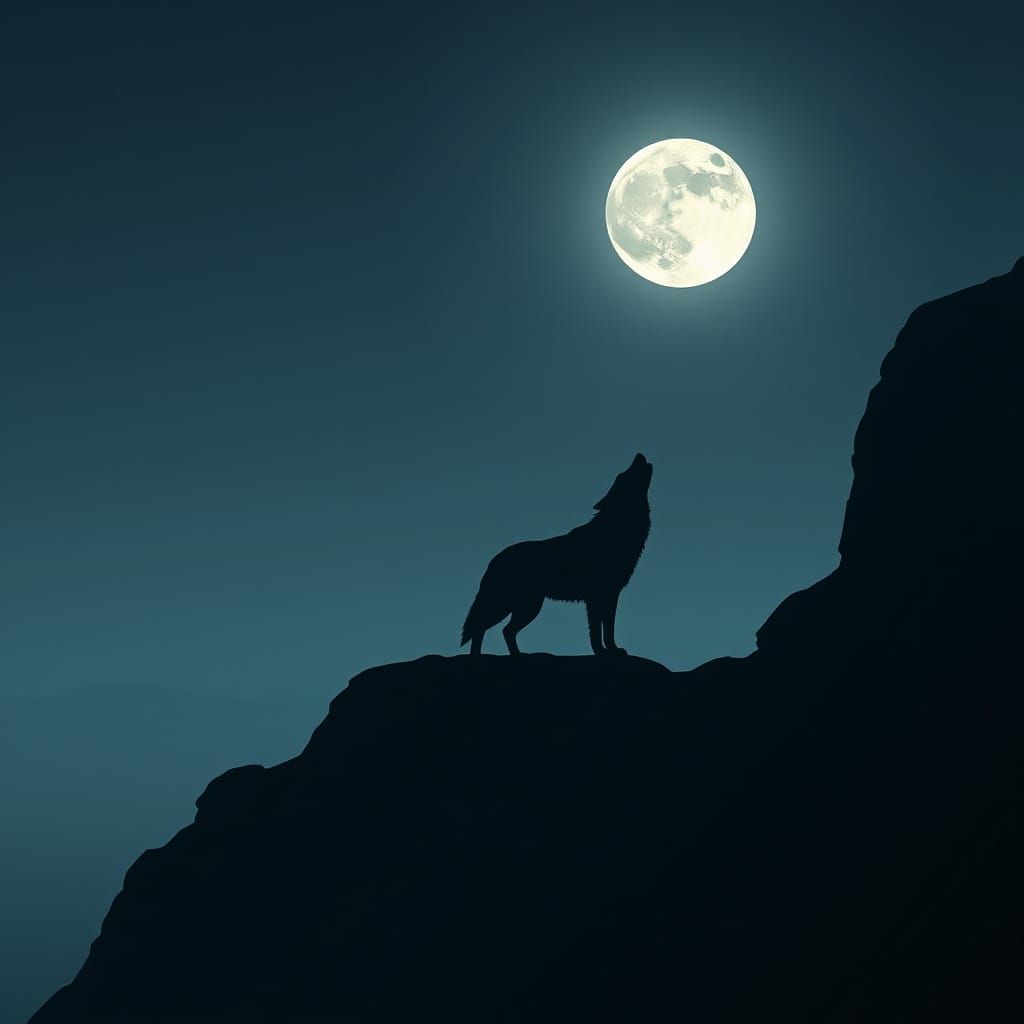 Eerie Cliffside: Wolf Shadow in Surreal Moonlight