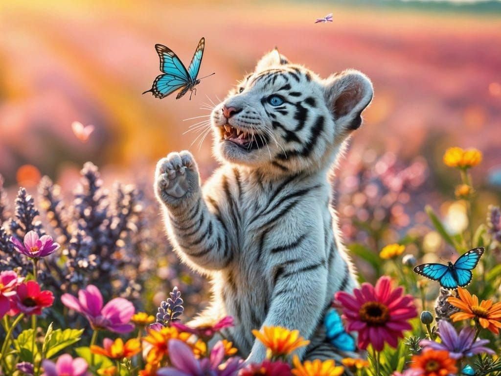  White Tiger cub playing with a Butterfly   by @Fiona Etkin 1974 