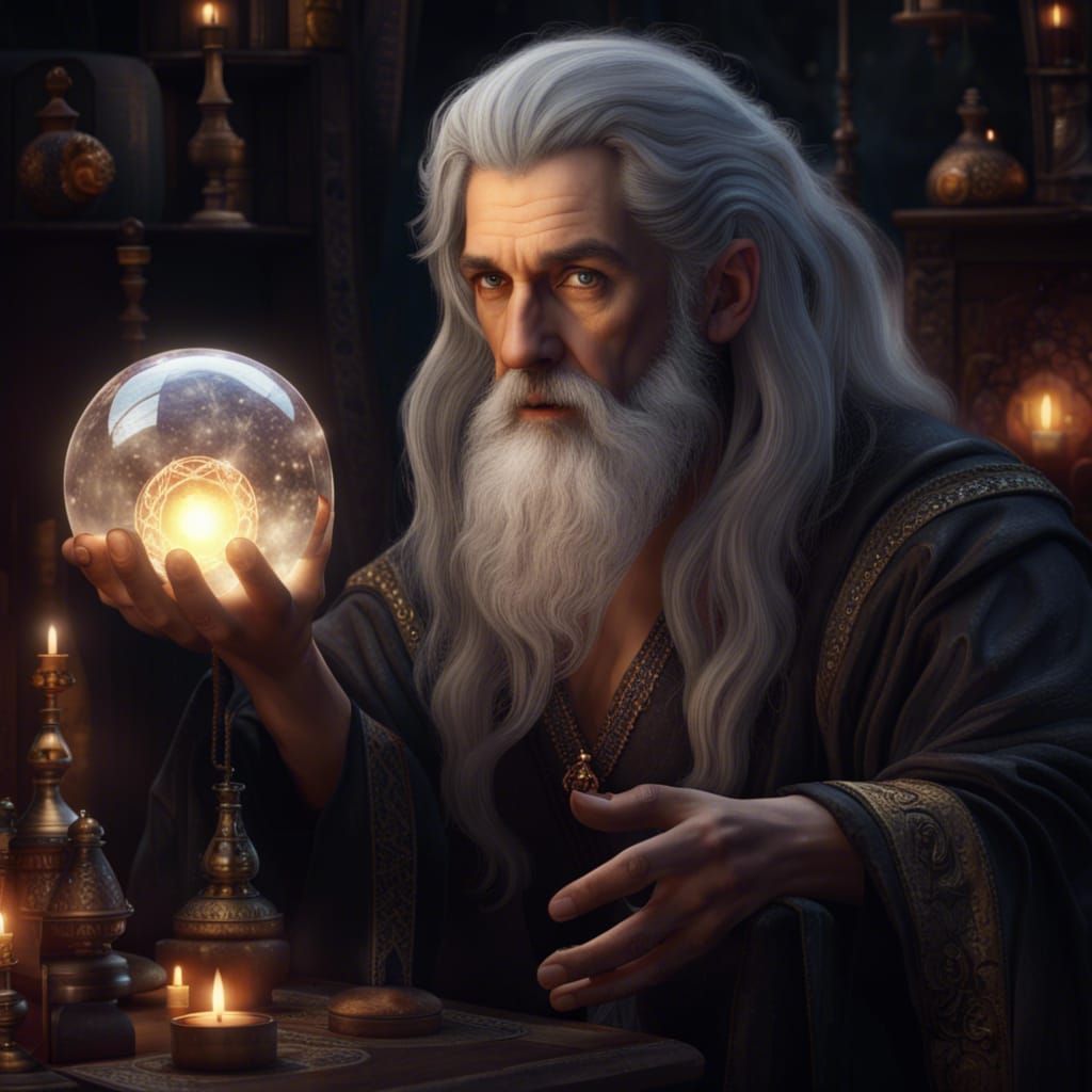 Merlin, grey hair, flowing beard. sits holding crystal ball, INSIDE the ball, a beautiful Harem Dancer,  shows, looking at viewer , surroun...
