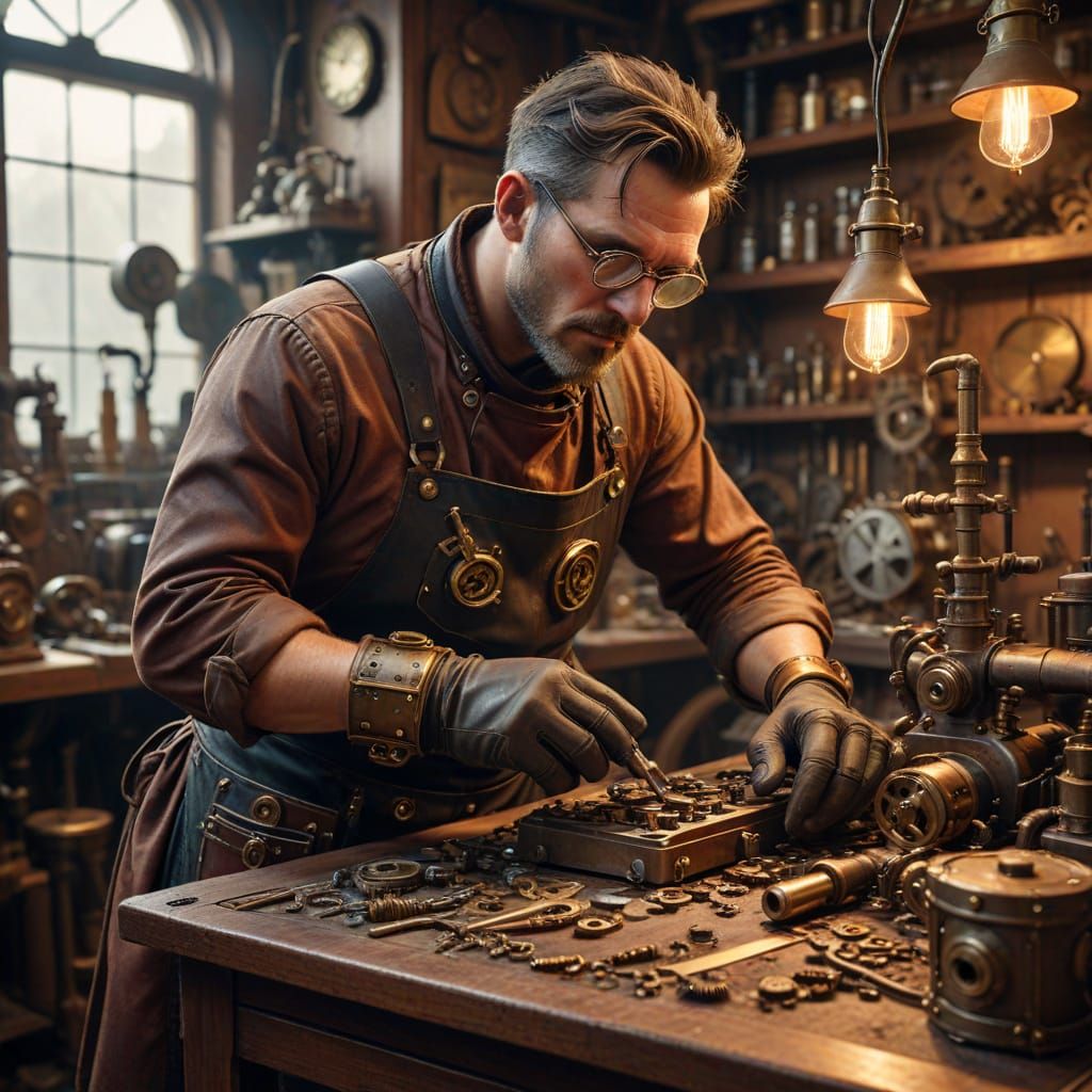 A steampunk inventor piecing together a fantastical machine in a workshop filled with gears and gadgets. ...  by @Nina Camplin