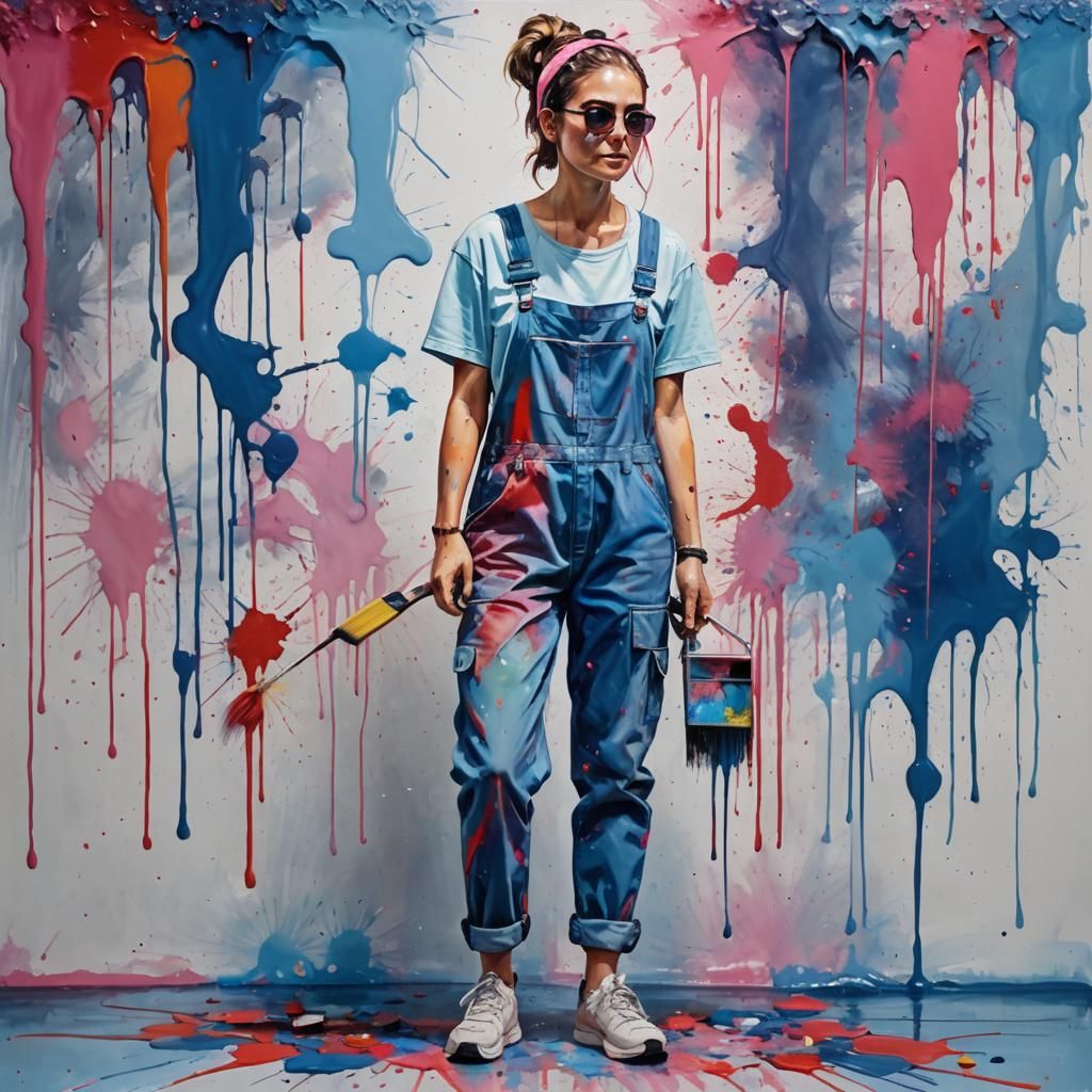 A beautiful full body portrait of a female artist, overalls,...