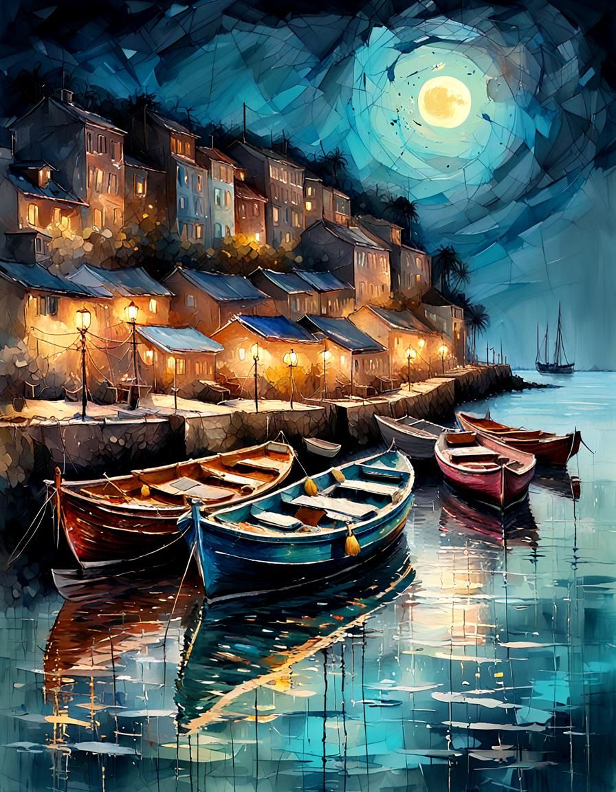 Exquisite impasto style painting:: Beautiful colony of  boat...