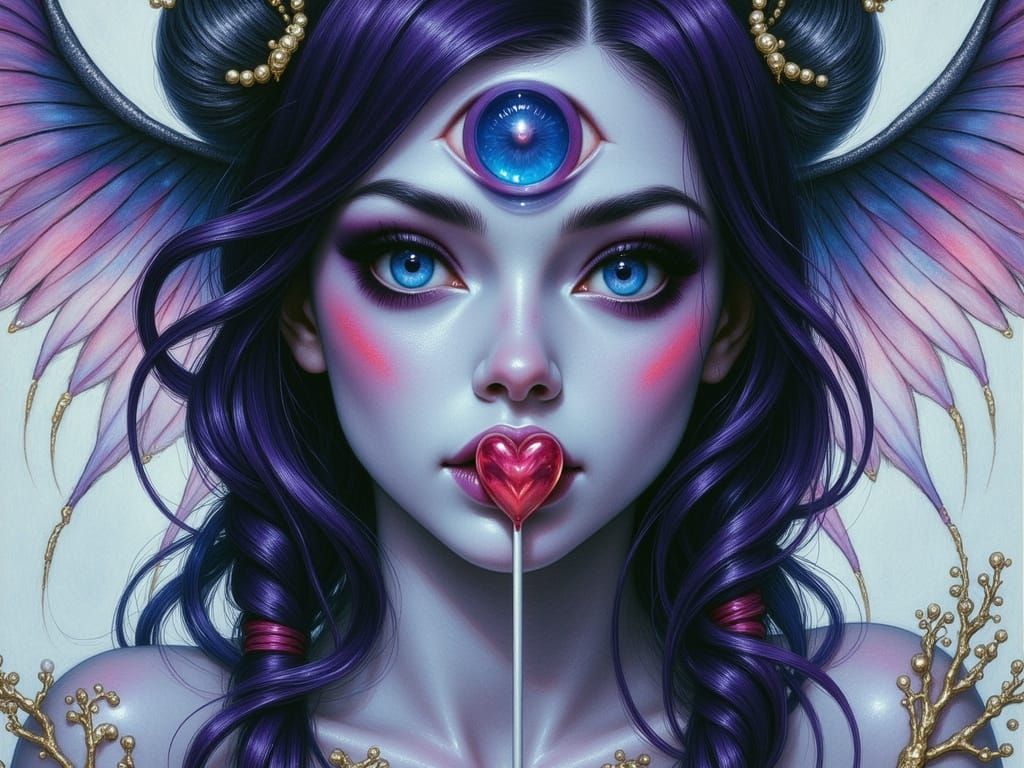 Surreal fantasy pin-up of a candycore "TRICLOPS" femme fatale in a retro bubblegum aesthetic. 
The purple skinned Triclops has "Three eyes" ...
