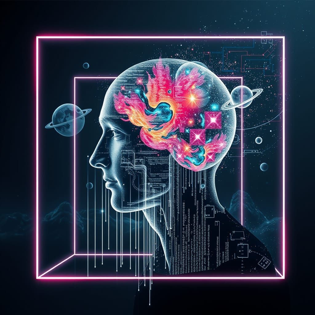 Double exposure image inside a giant hi-tech neon square of an AI code made of hi-tech squares black ...  by @Lisi