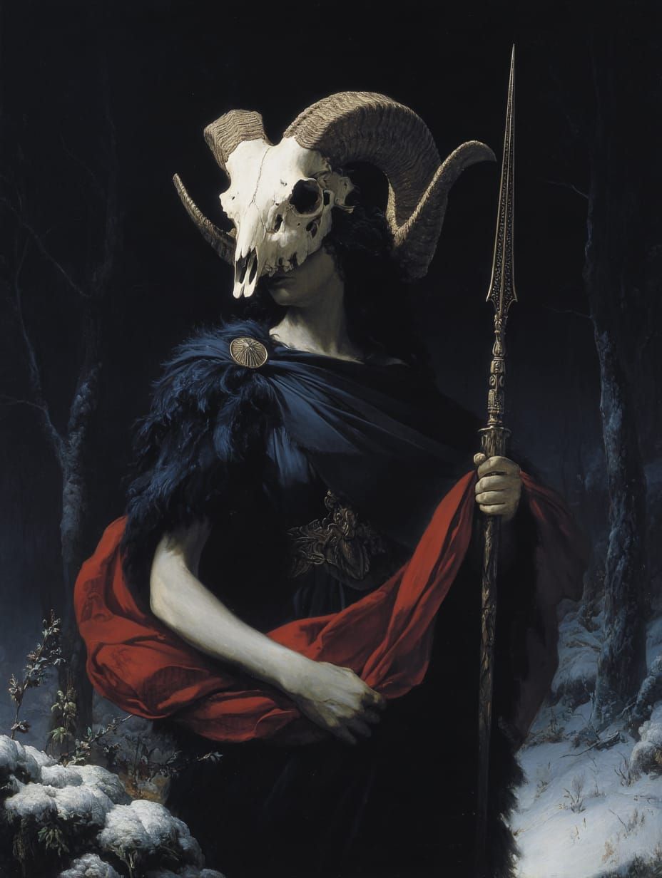 "In the hush of the frozen woods, she bears silence like a crown of bones."