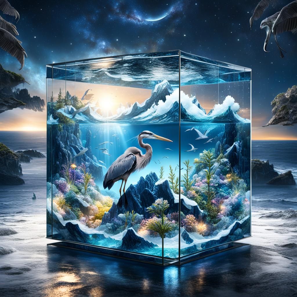 The ocean and great blue heron inside a glass cube at midnig...