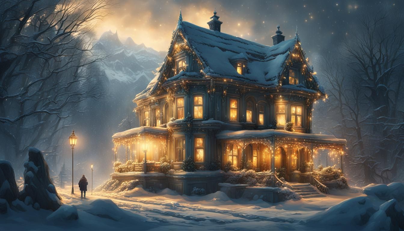 Winter, house, golden lights