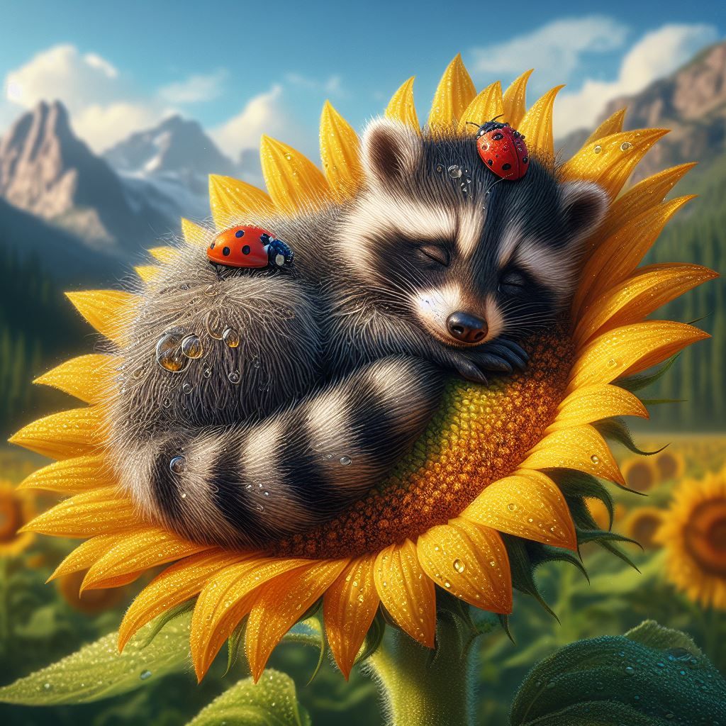 Cute sleeping Raccoon in a Sunflower