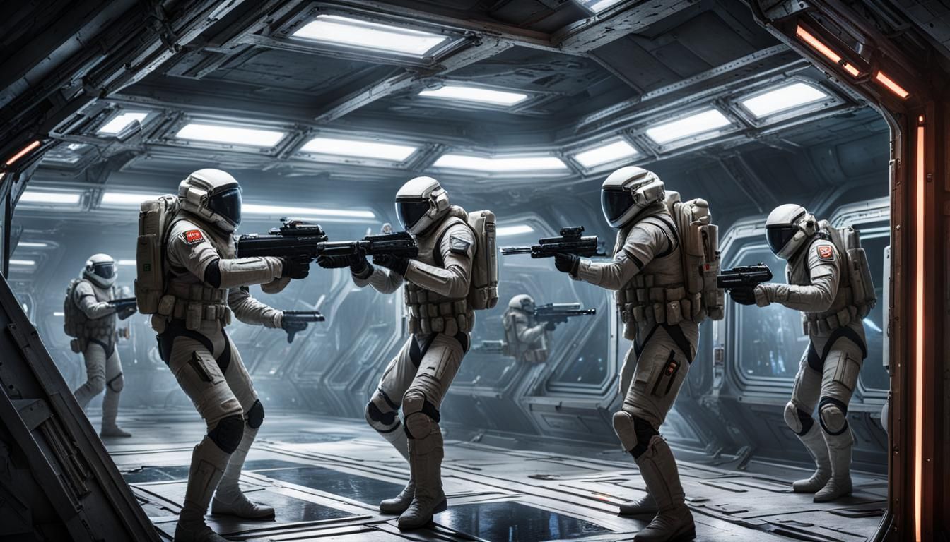 US Space soldiers make a final stand in a space station orbi...