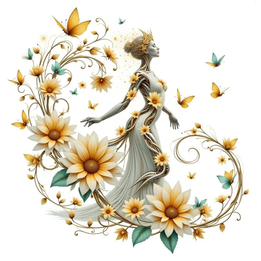 <lora:BiomechFloraFusion:1.0> A majestic woman rises into a phoenix pose, merging with metallic jasmine and sunflowers, painted in gold, whi...