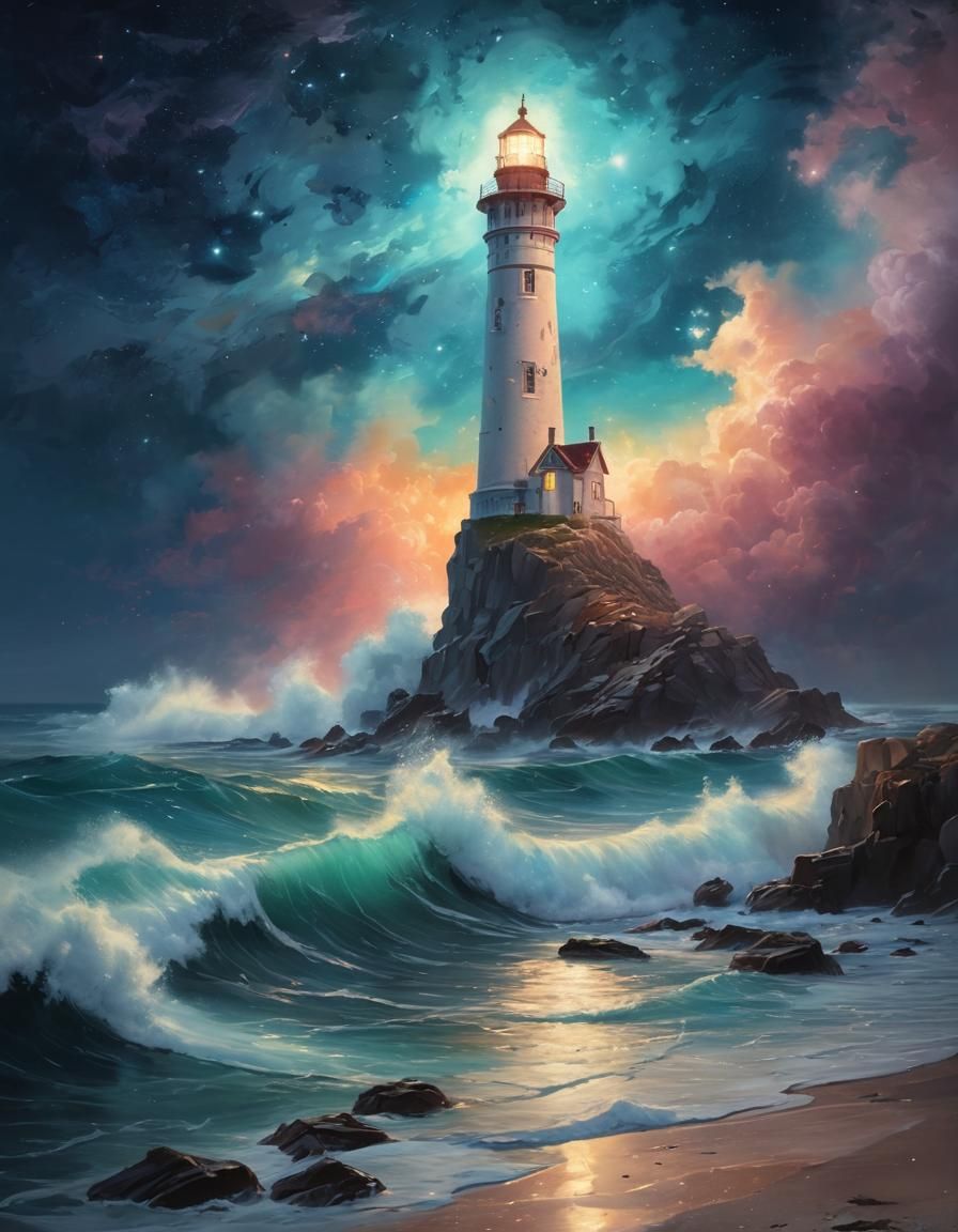 Agitated sea, waves crashing on the rocks. Lighthouse standing proud, illuminating the night. 