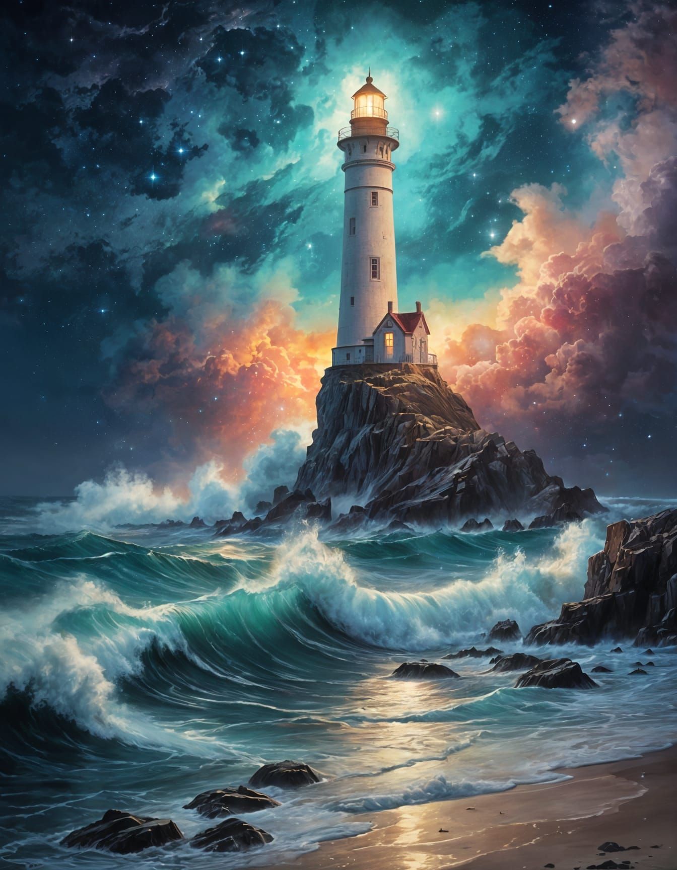 Agitated sea, waves crashing on the rocks. Lighthouse standing proud, illuminating the night.   by @Kynes