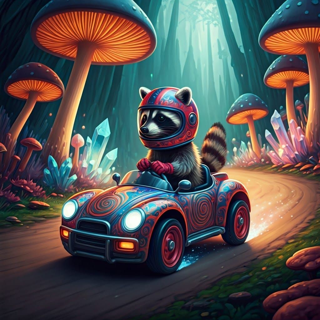 Raccoon Races Through Dreamlike Landscape in Toy Car