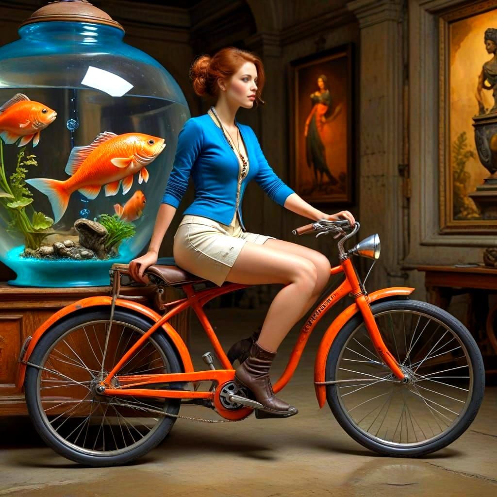 Timeless Beauty on a Vintage Ride in a Vibrant Surreal World