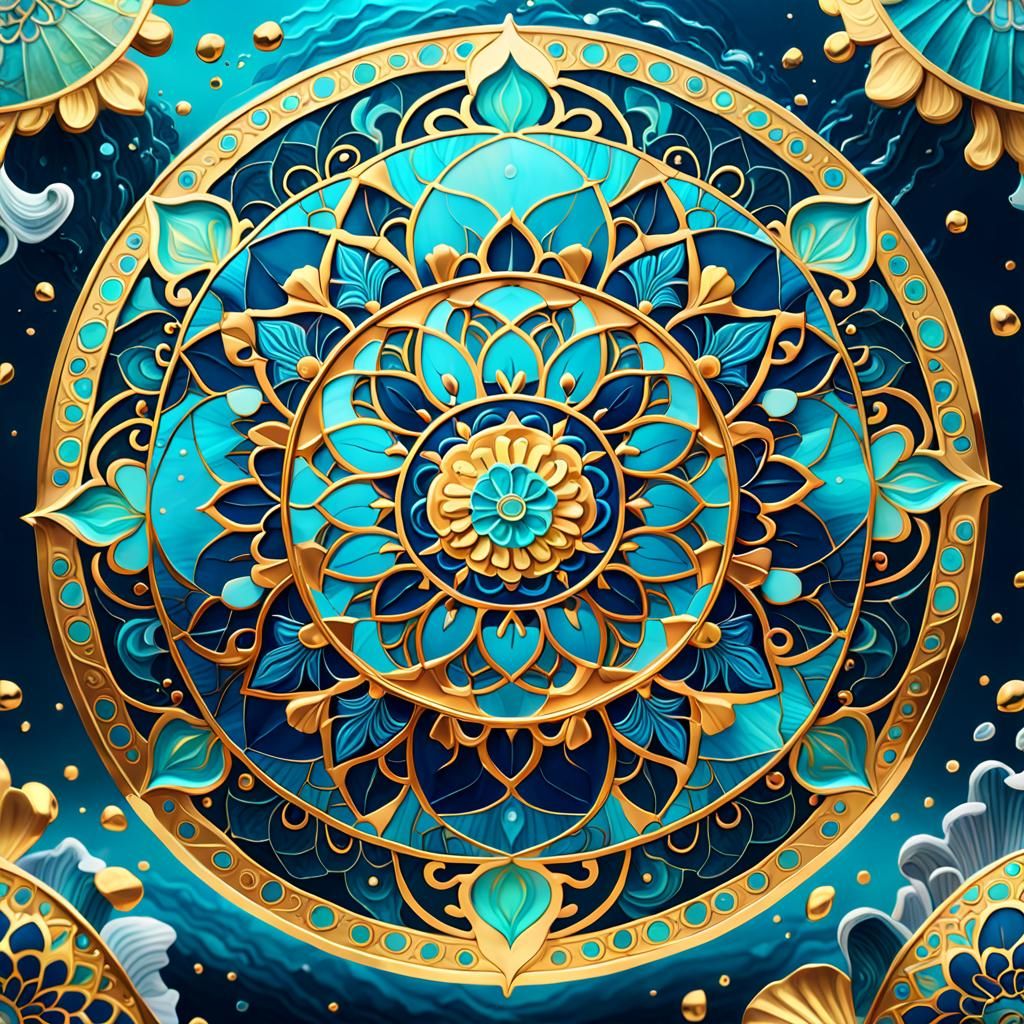 A beautiful masterpiece of exquisite Ocean Mandala Balance in 24 karat Gold Metal Aqua Background with ...  by @Tara