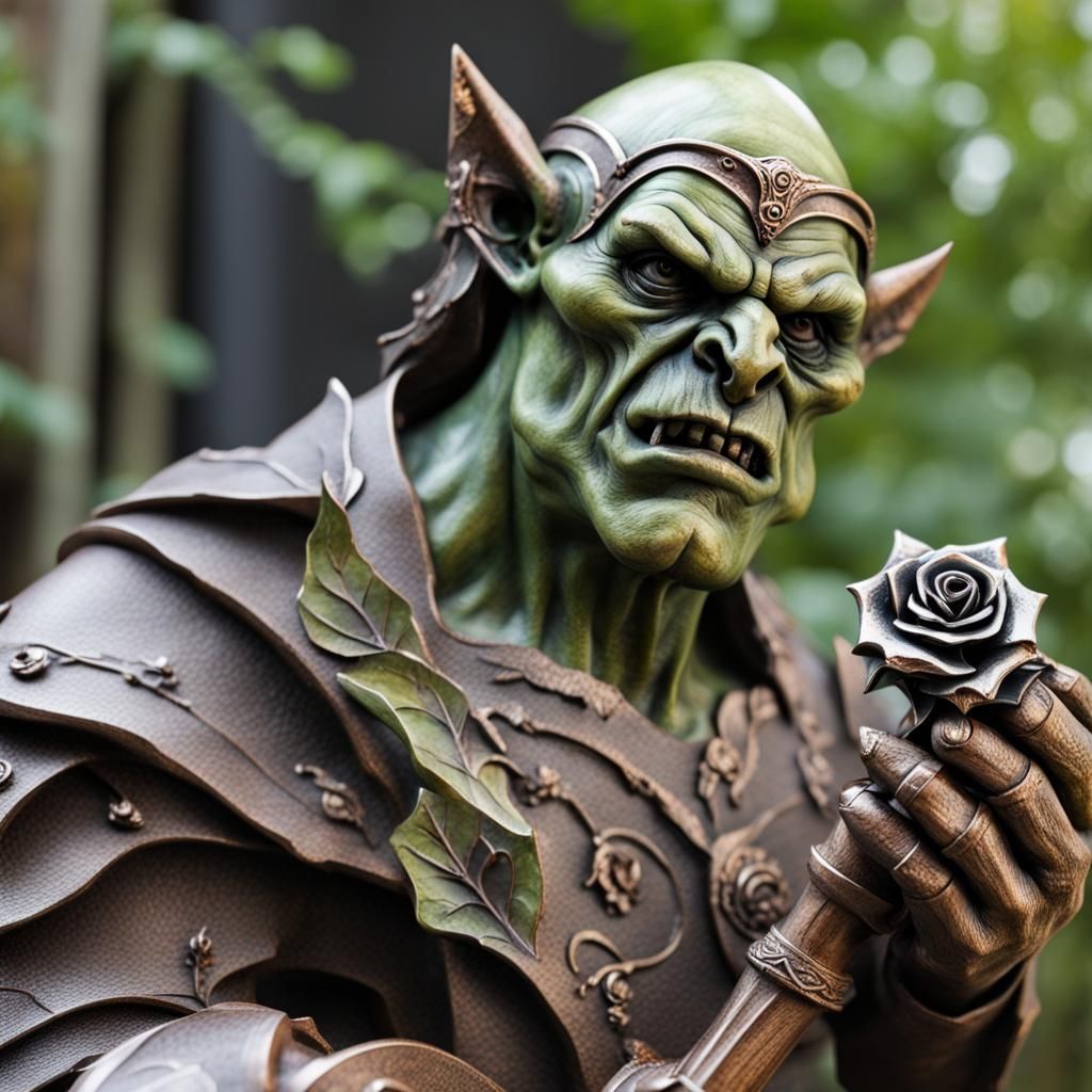 A scholarly looking orc sculpture holding a metal rose.