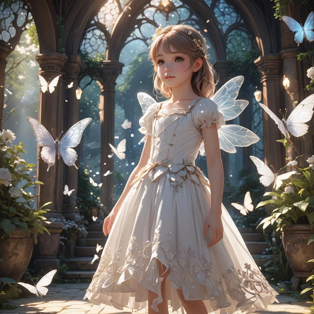 Little girl dressed in a white fairy dress in a magical sett...