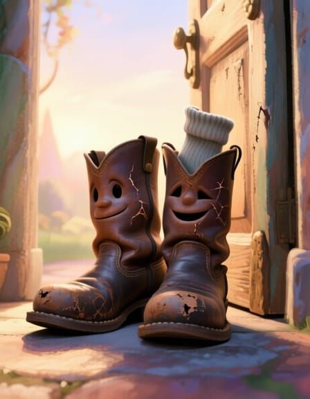 A pair of worn, old leather boots, each with a distinct face expression etched into the scuffs and creases, speeking by a doorway. Disney Pi...