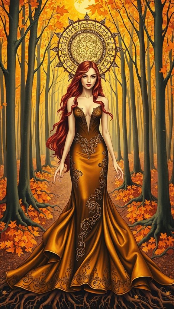 A Goddess of memories with long, flowing red hair, standing amidst an autumn forest!