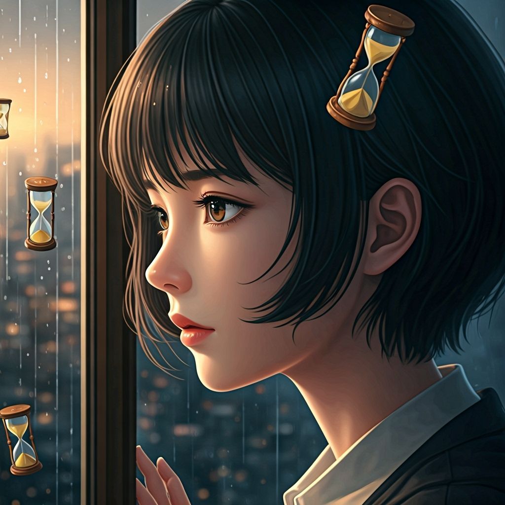 Melancholy Anime Woman Watching Rain with Hourglasses