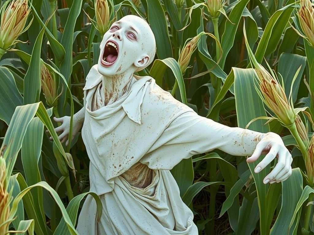 A ghostly figure in a decaying corn field