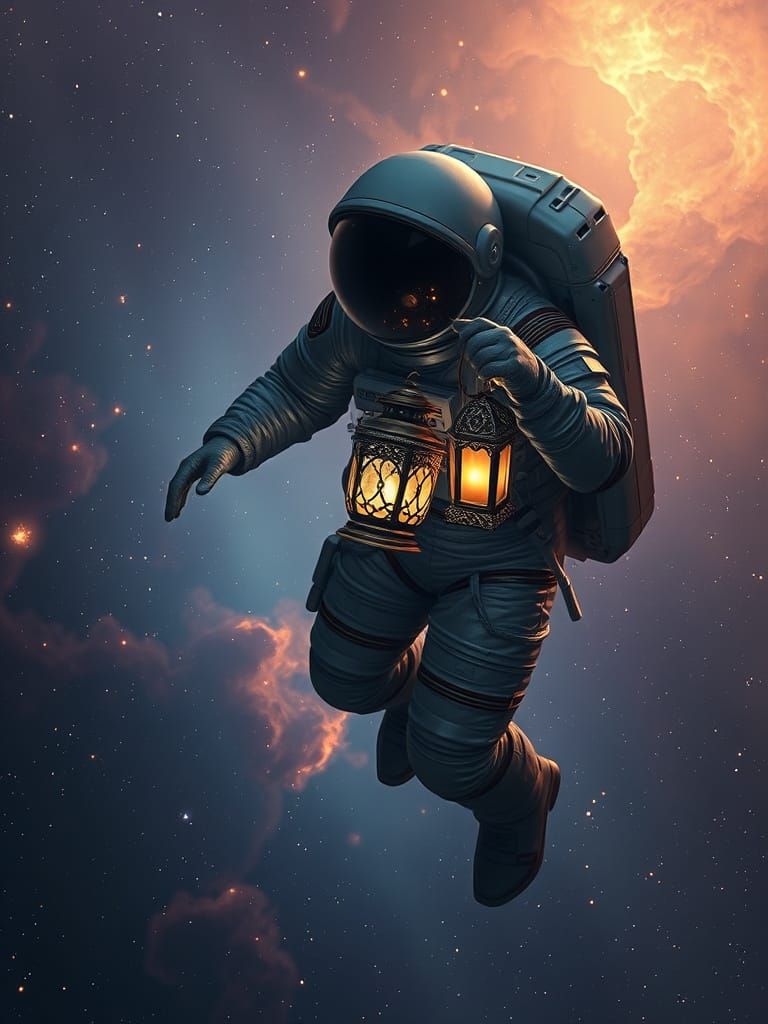 An astronaut adrift in a vast, swirling nebula, holding a glowing, intricate lantern that casts ethereal light onto their detailed spacesuit...