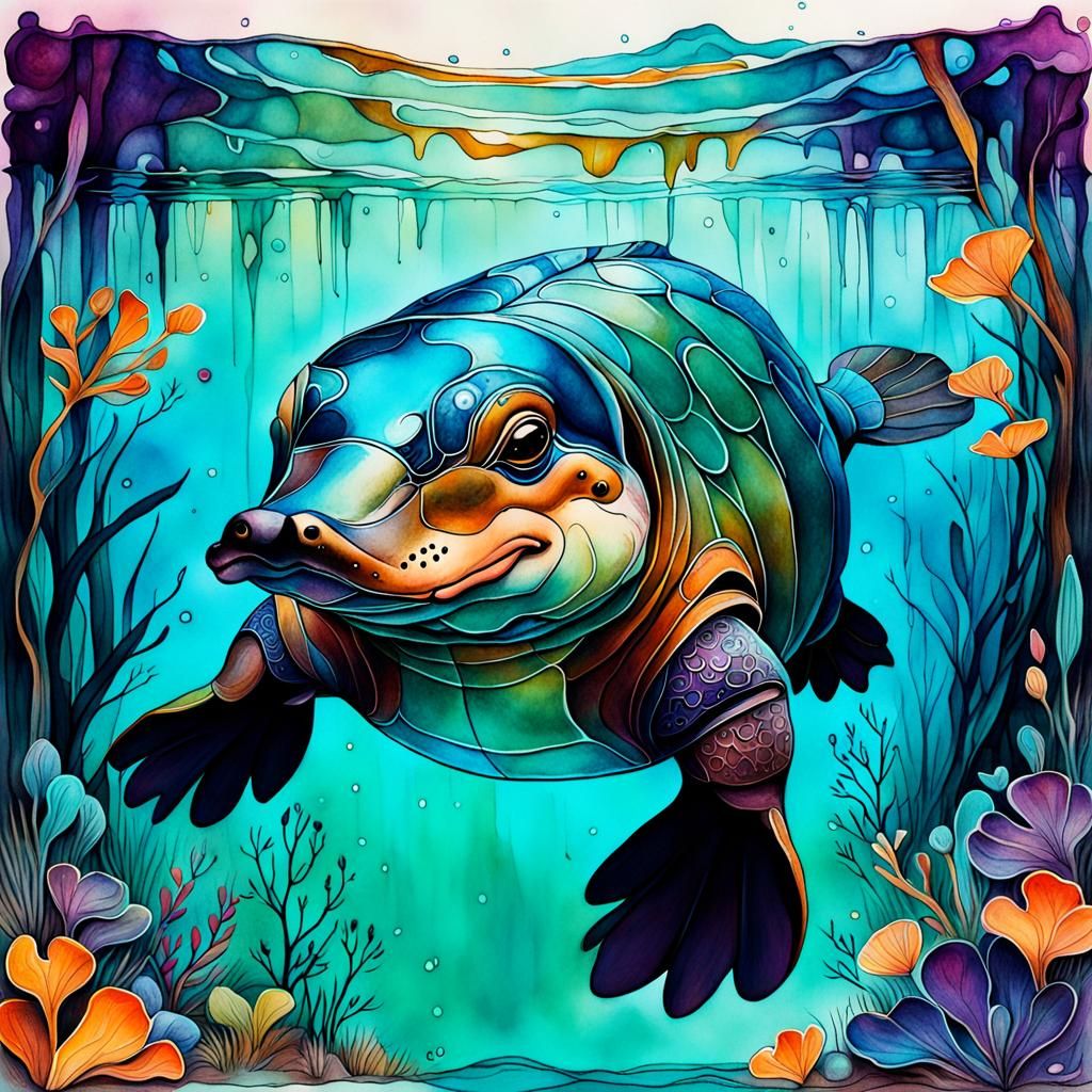 surreal, platypus, storybook illustration, bold lines, transparent alcohol ink, loish