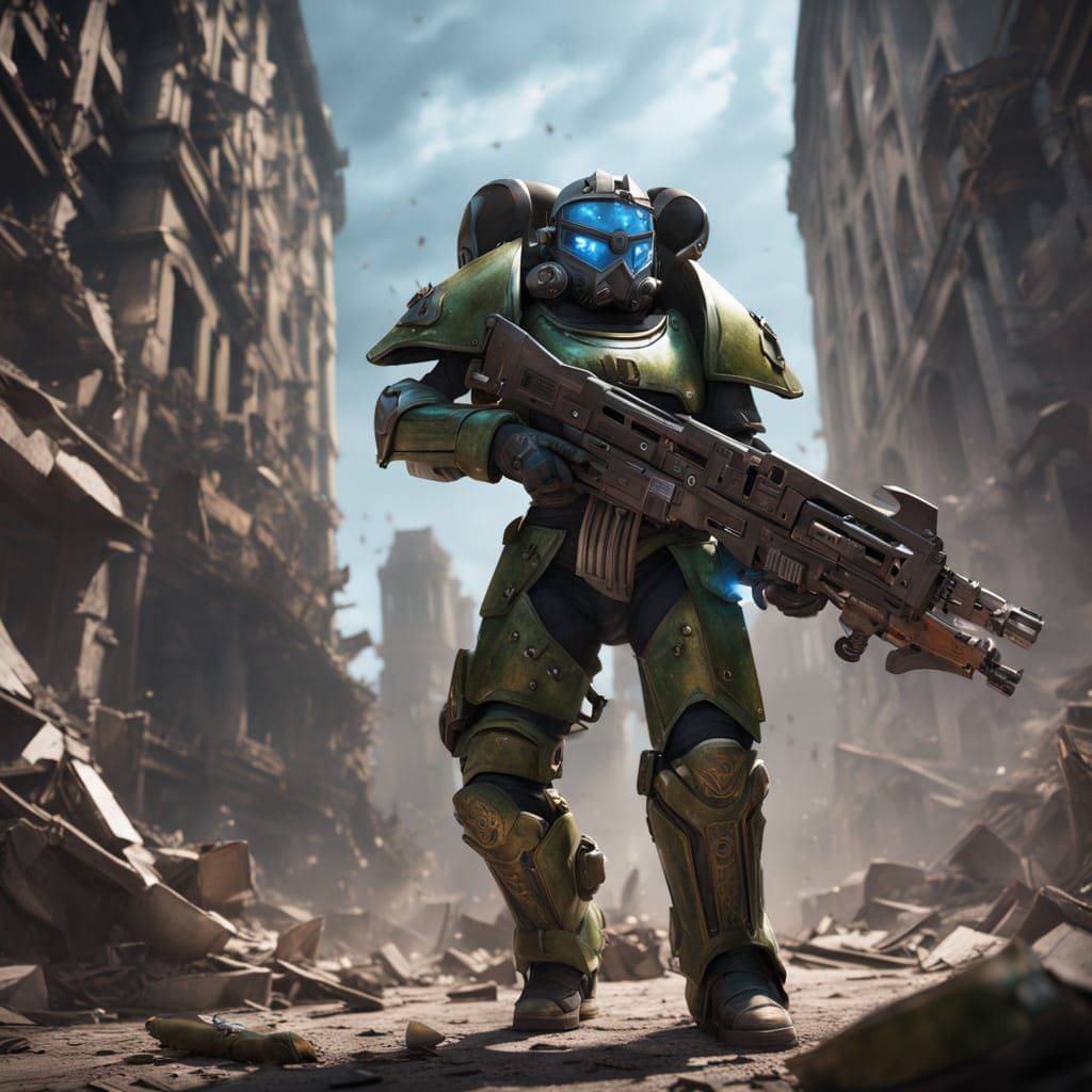 Dark Heroic Power Armor Raider in Ruined Cityscape