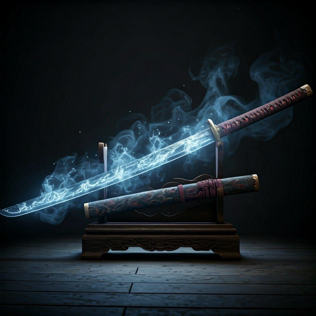 A hyper-realistic image of a long katana resting on an ornat...