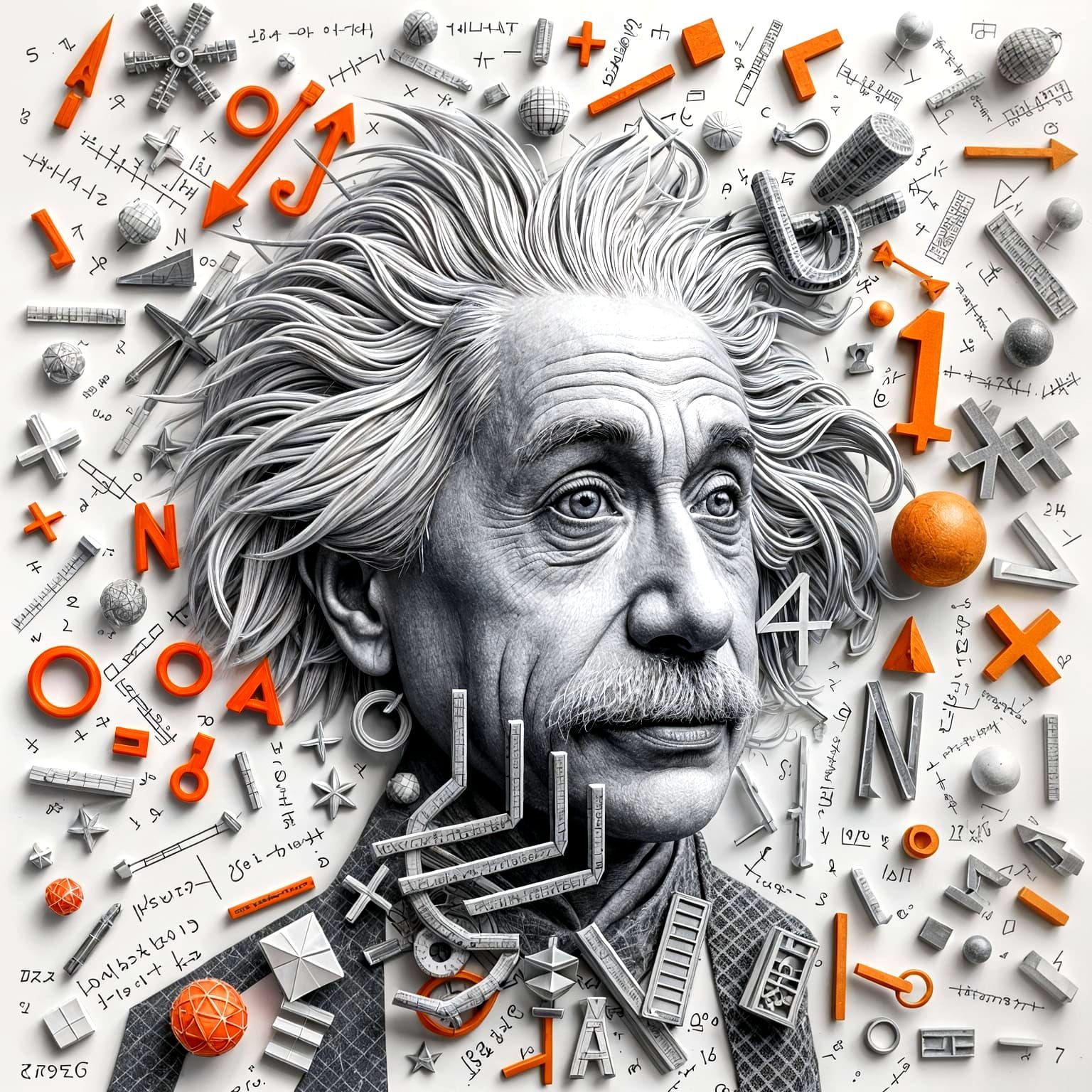 Math collage of 3D formulas crowding the mind of Albert Einstein   by @M Scott Foster