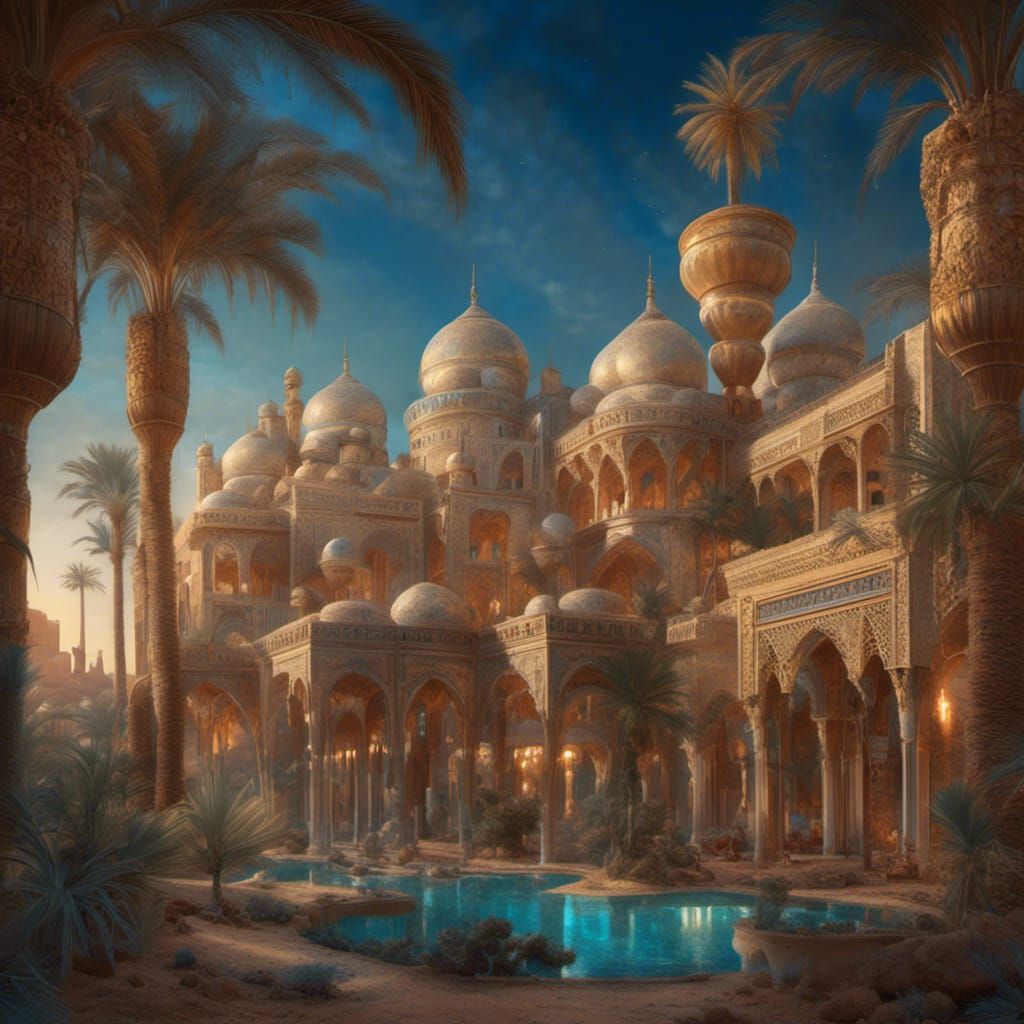 a fantastical surreal arabian nights landscape with palaces and palm ...