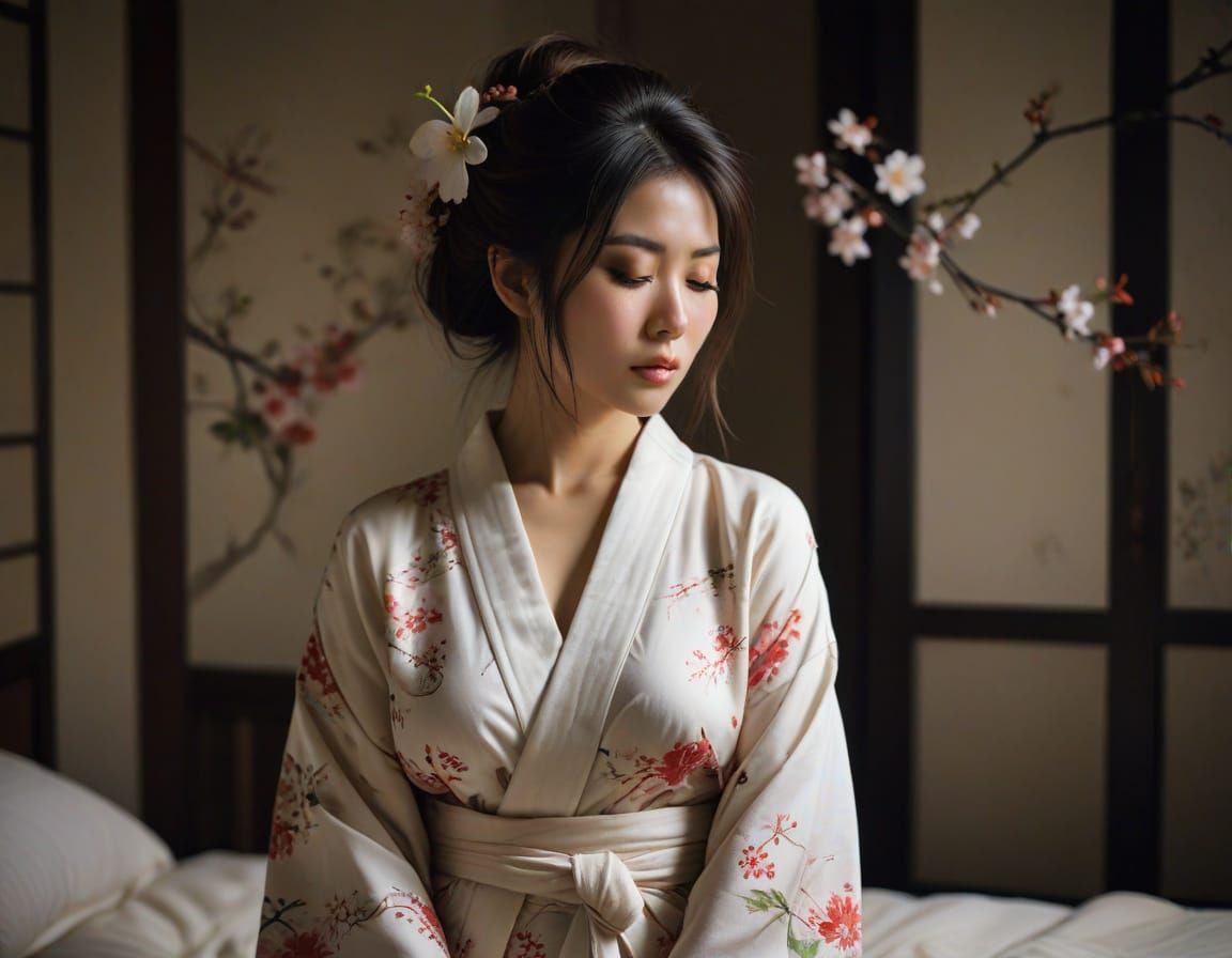 Sensual Japanese Woman in Sakura Print Yukata